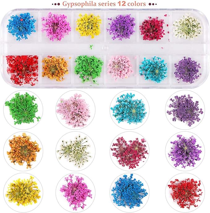 2 Boxes Nail Art Dried Flowers,UNIME 24 Colors Mini Real Natural Flowers Nail Art Supplies 3D Applique Nail Decoration Sticker for Tips Manicure Decor Accessories,Gypsophila