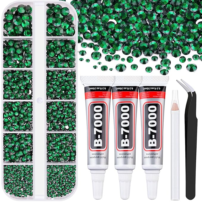 Resin Rhinestones for Crafting with B7000 Jewelry Glue, 1 Box Dark Green Flatback Crystals with 3Pcs 10ml Glue for Bedazzling Crafts DIY Nail Art Makeup，Non Hotfix Gems for Clothing Shoes