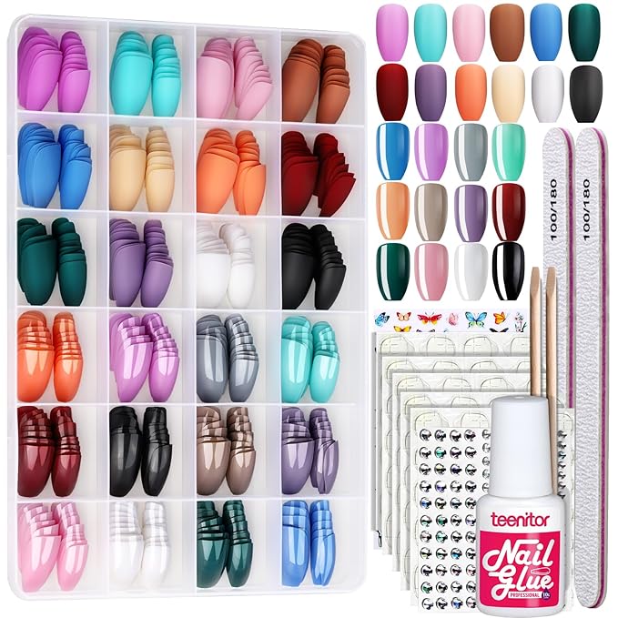 Coffin Shape Press On Nails Set, Teenitor 24 Packs 576PCS Matte Short Coffin Glue On Nails Medium Length, 12 Colors Coffin , 12 Colors Glossy Press On Coffin Nails, Reusable, Nail Adhesive Tabs, Nail Stickers Rhinestone