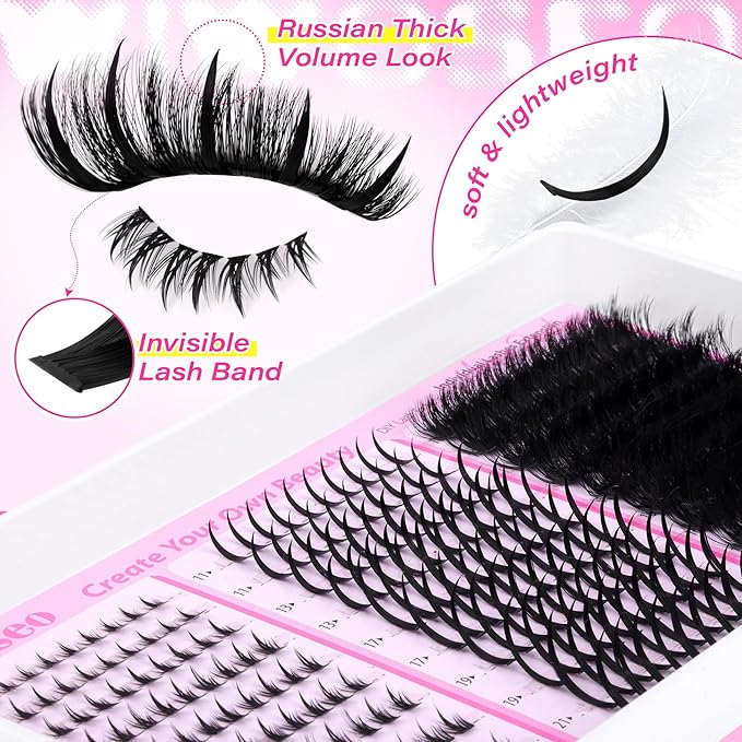 wiwoseo Fluffy Lash Clusters with Spikes Lash Clusters Kit Volume Lash Spikes Cluster Eyelash Extensions Kit 200D Fluffy Eyelash Clusters Spiky Bottom Cluster Lashes Clusters with Lash Bond and Seal