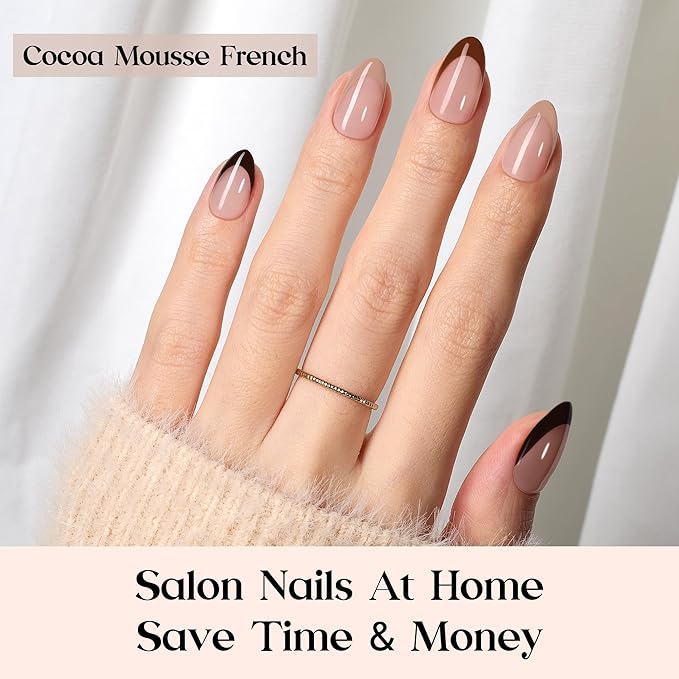 Beetles French Tip Press On Nails - Cocoa Mousse French | 7 Colors Short Almond Press On Nails Brown | 16 Sizes 224 Pcs Natural Salon Quality For Winter Nails