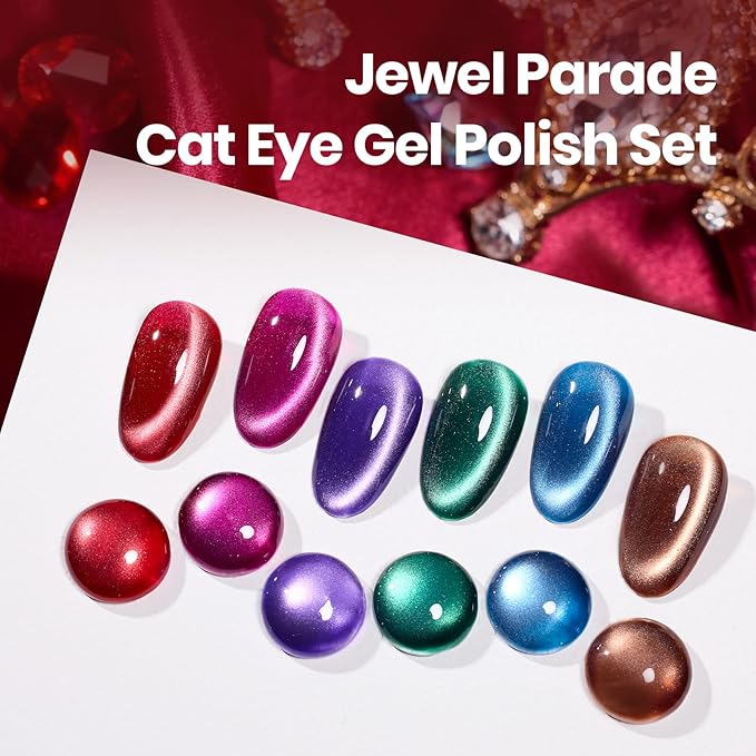 Beetles Jewel Parade Cat Eye Gel Nail Polish Set - 6 Colors Glitter Cat Eye Gel Polish Kit Pink Purple Red Green Blue Brown Burgundy Magnetic Effect Soak Off UV Manicure Gift for Women