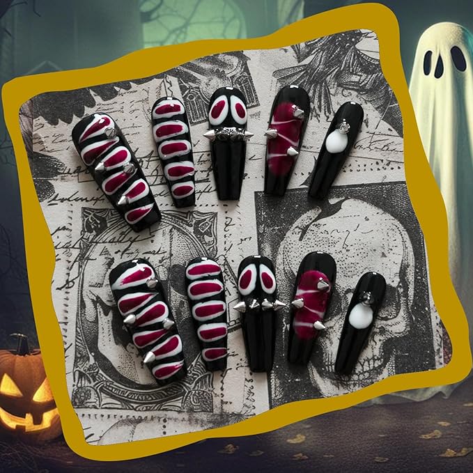 Snake Press on Nails Long Coffin Y2K Edgy Design - 3D Metal Studs Charms Punk Goth False Nails, Reusable False Nails for Halloween, Parties (Snake Skin,M)