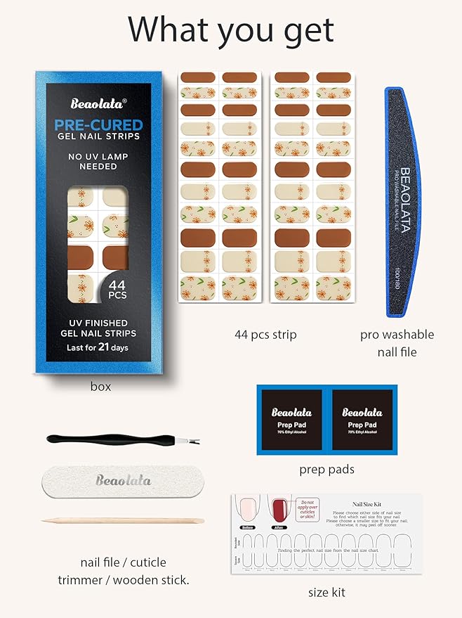 Real Gel Nail Strips (No UV Light Needed) - 44Pcs Salon Quality Nail Stickers - Long Lasting Polish Wraps for Women, Easy Apply & Remove (Marigold Dream Brown)