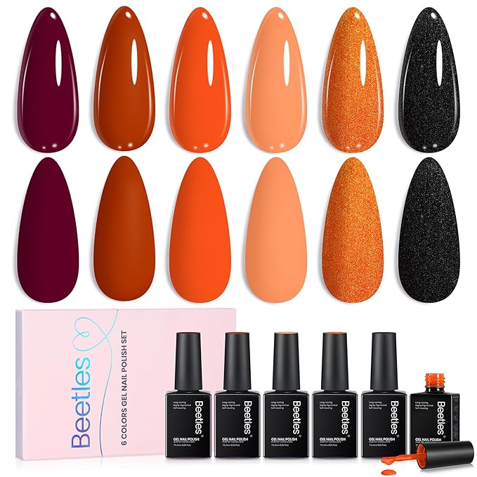beetles Gel Polish Set - Burnt Orange Gel Polish Autumn Leaves Collection, Brown Burgundy Glitter Black Colors Nail Art Soak Off Uv LED Nail Kit Minicure DIY Home Gifts for Women