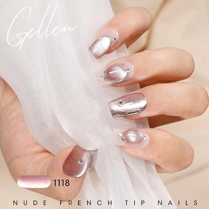 GELLEN Nude Glitter Cat Eye Gel Nail Polish Set, Magnetic Holographic U V Gel Polish Sheer Jelly Shiny Glass Cat Eye Effect Soak off Salon Quality