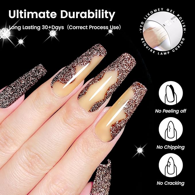 YTD Likomey Reflective Glitter Gel Nail Polish,15ml Brown Flash Diamond Shimmer Nails Gel,Chocolate Glitter Sparkly Shiny Salon Home Fall Winter Manicure UV Color Varnish,SZ014
