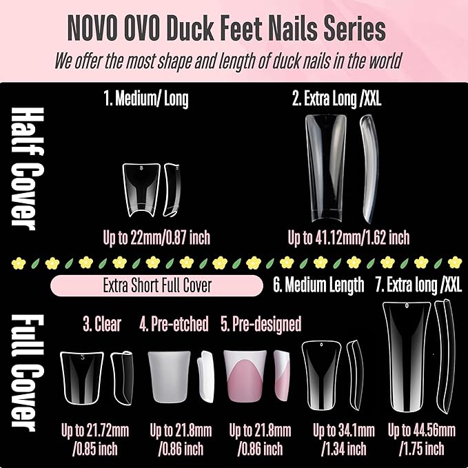 NOVO OVO 550 pcs Transparent Clear Crystal Duck Feet Style Flare Nail Tips Y2K Vibe Half Cover C Curve Wide French False Nail Extension Tips Acrylic Nail 11 Sizes Bag Packaging for Art Salon