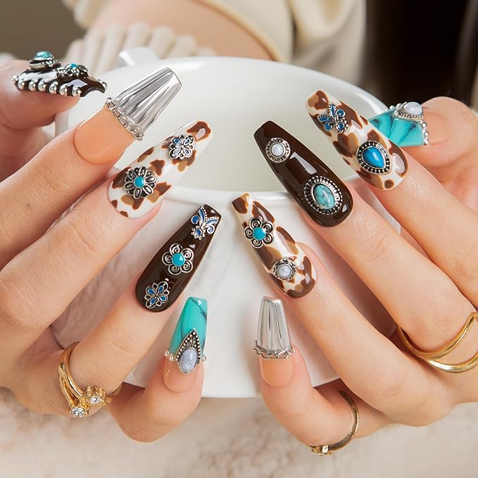 LOVFUL Short Press on Nails Cowgirl’s Dream | Handmade Acrylic Press ons | Reusable Fake False Nails | Coffin Classic Regular 1.3 in | H644-M