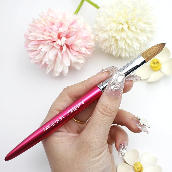 100% Kolinsky Hair Acrylic Nail Brush for Acrylic Powder- Flat Shape Rose red Handle With Cap Professional Manicure Pedicure (#12)
