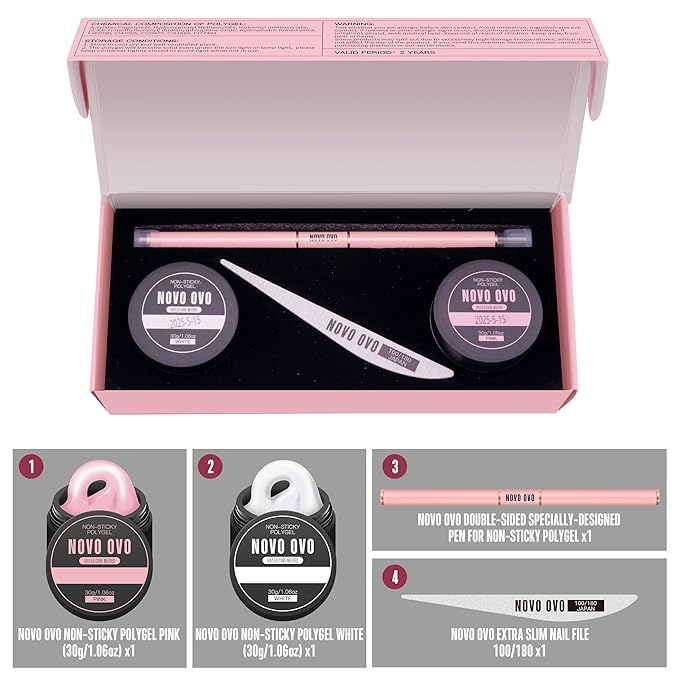 NOVO OVO Upgraded NON-STICKY Polygel Solution Procedure Set, White and Pink non-sticky Poly Gel, Dual-Ended Nail Pen, Extra Slim Nail File, Easy to Use Together with Toe or Hand Nail Dual Forms