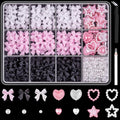 600 Pcs 3D Cute Nail Charms and Flatback Pearls Set 3, Pink&White&Black Nail Bows + Pink&White Star Heart Cute Nail Jewels + 2-4mm White Nail Pearls for Nail Art DIY Decoration with Pickup Tools