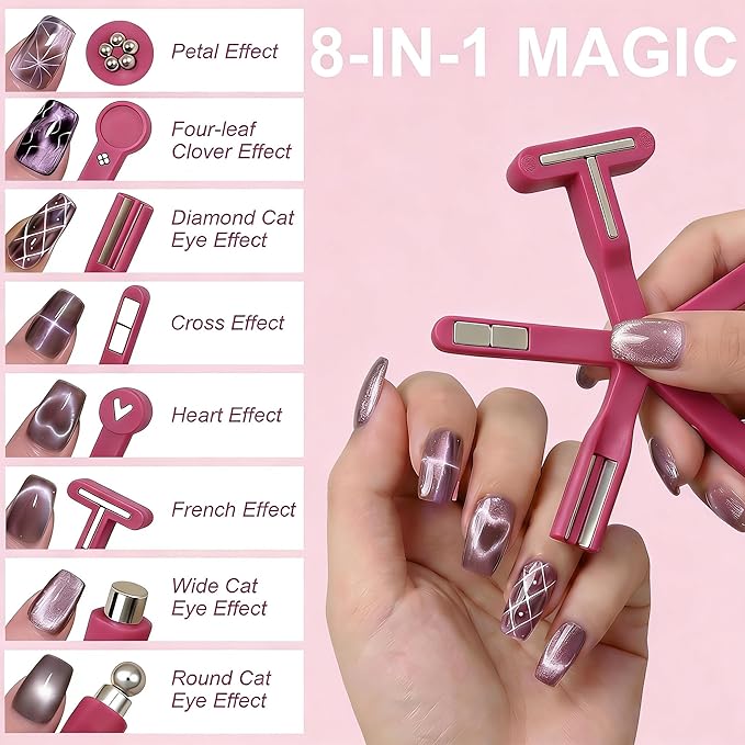 8 in 1 Cat Eye Magnet, Nail Magnets for Cat Eye Gel Polish, Cat Eye Tools for Nails with Steel Ball, Multifunctional Nail Magnet for Nail Salon Home DIY (Red)
