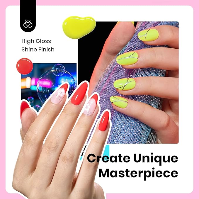beetles Gel Polish Neon Bubbles - 6 Colors Gel Nail Polish Set Hema Free Full Size Neon Hot Pink Orange Yellow Blue Purple Green Soak Off UV LED DIY Home Manicure Salon Gift for Women Girls