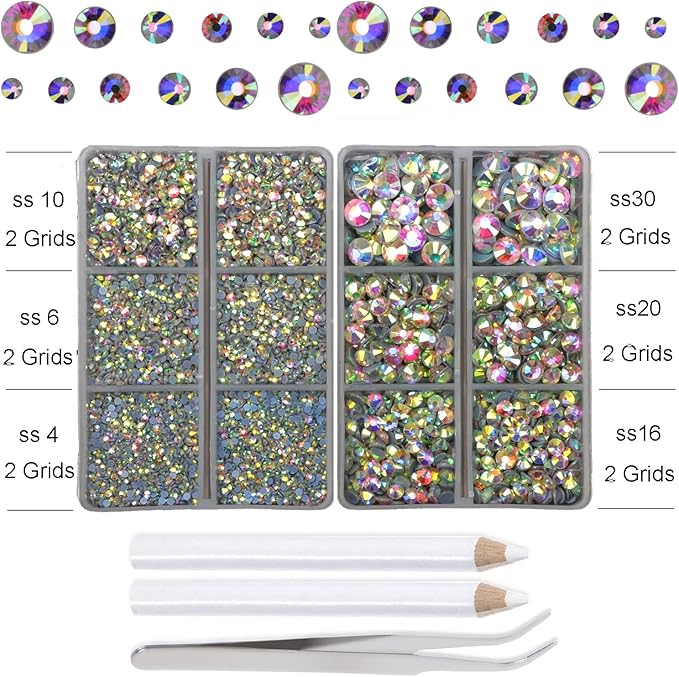 10000Pcs 2-Boxes Mixed Size Hot Fix Round Crystals Gems Glass Stones Hotfix Flat Back Rhinestones with Tweezers and Picking Pencil (Crystal AB)