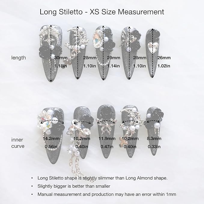 Luxury Long Stiletto Press-On Nails, 3D Black Roses with Silver Glitter, Pearl and Rhinestone Decorations, Handmade False Nail 10 Pieces (XS, LS)