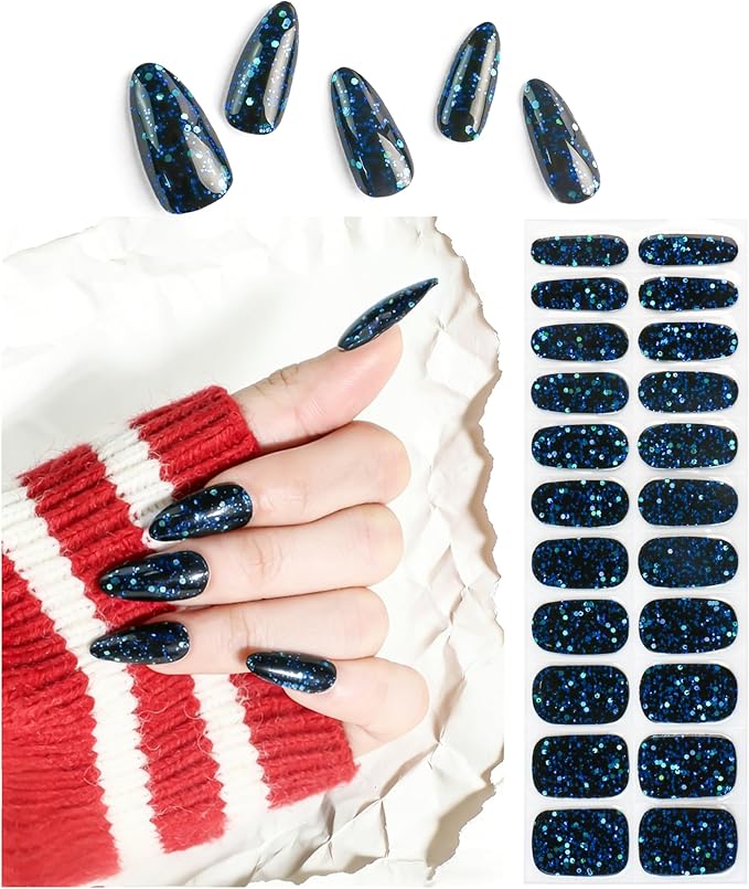Semi Cured Gel Nail Strips Dark Blue Glitter Nail Strips with UV/LED Required Long Lasting Gel Nail Stickers Includes 22 Strips 2 Prep Pads, Nail File & Wooden Stick