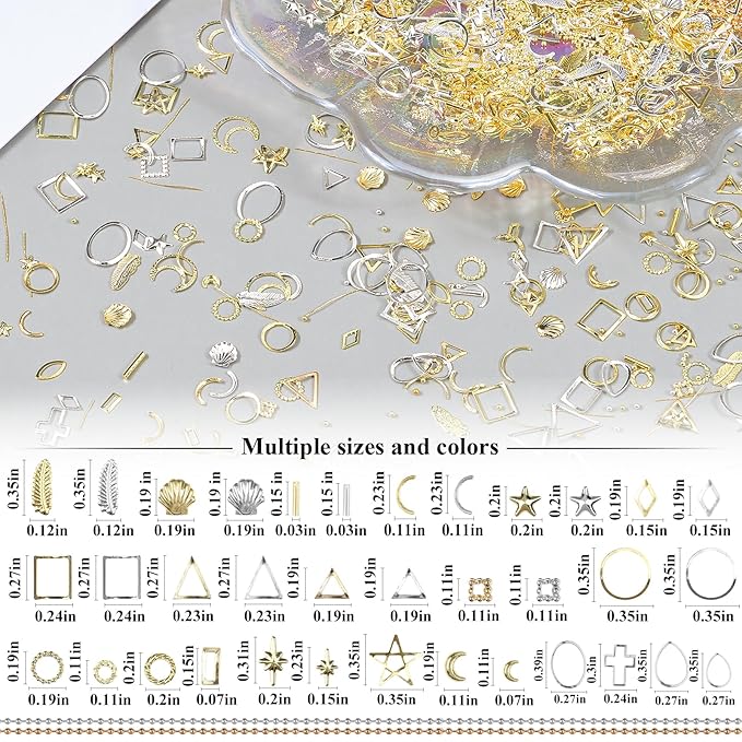 5 Boxes Gold Silver 3D Metal Punk Studs Star Moon Heart Triangle Ring Square Rivet Gems Nail Art Jewels and 4 Sheets Nail Stickers with a Curved Tweezers and a Nail Brush (Gold & Silver)