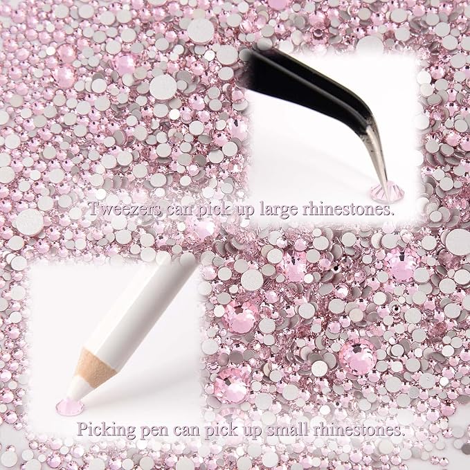 NCB 8000pcs Non Hotfix Rhinestones 10 Sizes Flatback Crystal Glass Rhinestones with Tweezers and Picking Pen for Nail Art Clothes Bags Phone Decorations Crafts DIY (022 Lt. Rose Mix SS3-SS30)