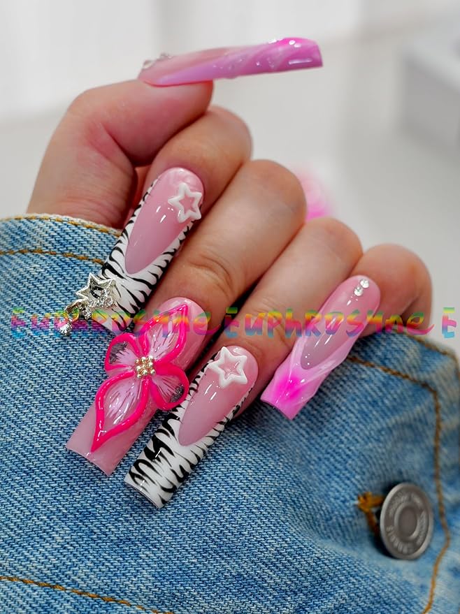 10PCS Pink Zebra Print Press On Nails – Long Coffin Fake Nails with Rhinestones, 3D Bows & Star Charms, Glossy Reusable Y2K Nails for Women and Girls – Euphrosyne