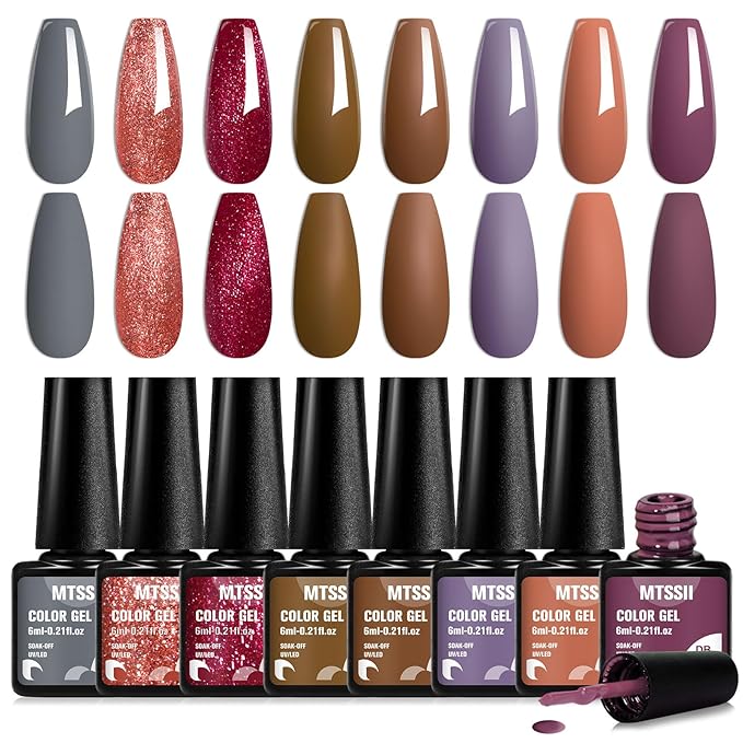 MTSSII Fall Winter Gel Nail Polish Set 8 Colors Brown Red Grey Gel Polish Purple Pink Glitter Soak Off Nail Art Manicure Kit DIY Salon No Wipe Holiday Gift