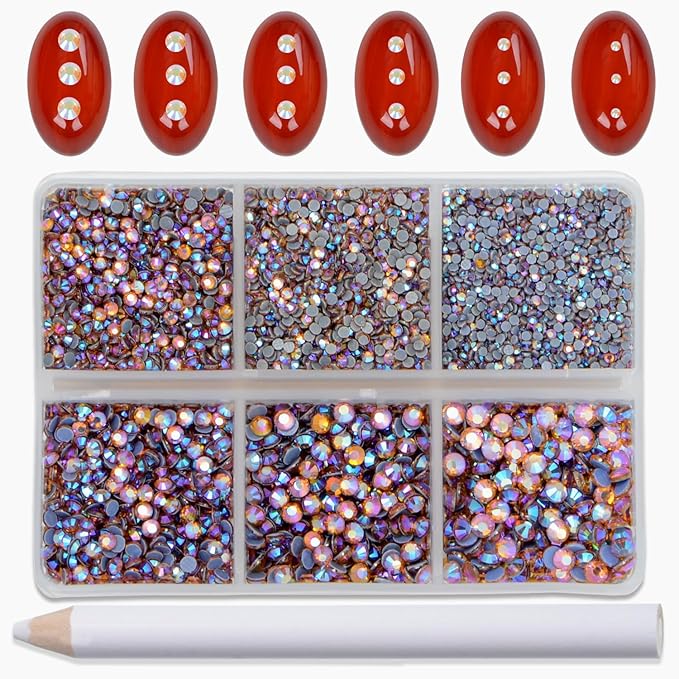 Bymitel Hotfix Crystal Rhinestones Round Gems for Crafts,Mixed 6 Sizes with Wax Pencil Kit, Topaz AB 1.3-3.2mm(SS3-SS12/8000pcs)