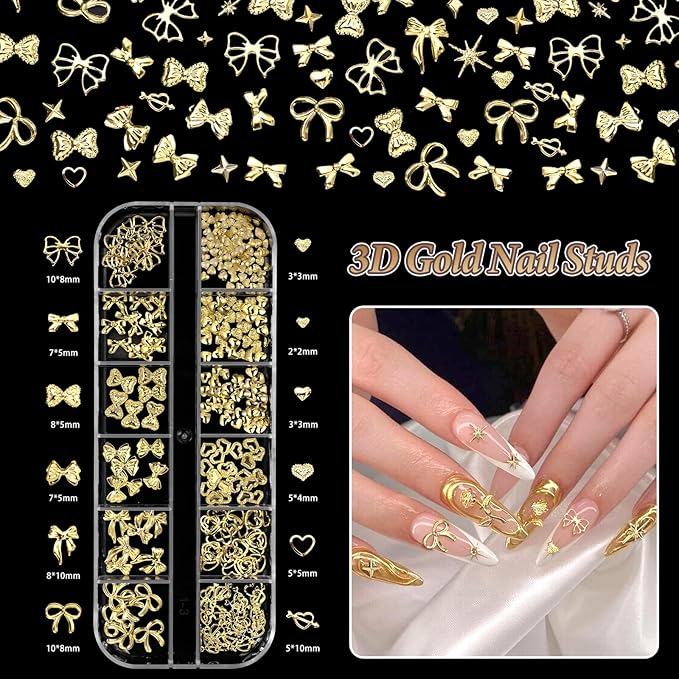 Gold Nail Charms Pearls, Heart Bow Nail Art Charms, Metal Cross Star Moon Nails Studs, Half Round Flatback Nail Pearls Charms, Caviar Nails Beads Charms for Nails Design DIY Craft