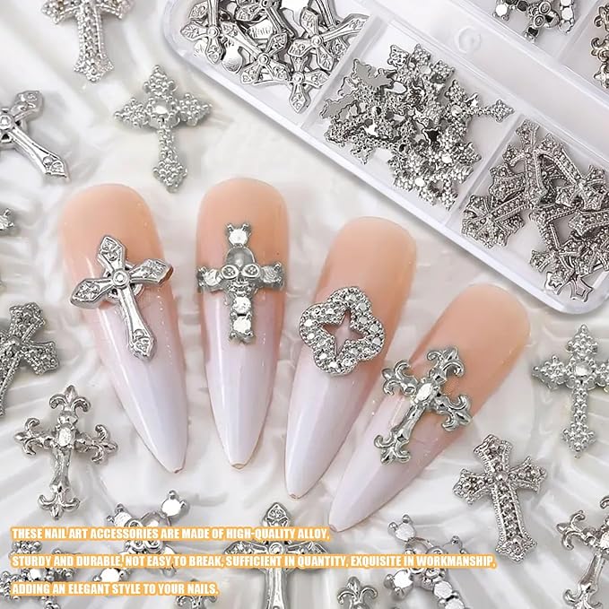 3D Cross Nail Charms for Nail Art, 60 Pcs Metal Crystal Cross Nail Decorations, Alloy Nail Studs and Rhinestones for Women Girl DIY Jewelry Crafts Supplies (Silber B)
