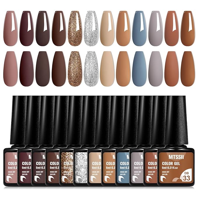 MTSSII Gel Nail Polish Set 12 Colors Nude Brown Skin Tones Neutral Gel Polish Dark Tan Taupe Khaki Gold Silver Nail Polish Fall Winter Soak Off French Nail Art Manicure DIY Home Salon Gift