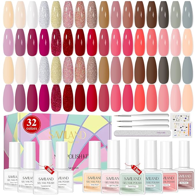 SAVILAND 42PCS Gel Nail Polish Set: 32 Colors Soak-off U V Gel Polish Kit with Base & Glossy Matte Top Coat Red Glitter Gel Polish Set Manicure Kit with Nail Brush for DIY Nail Girl Salon
