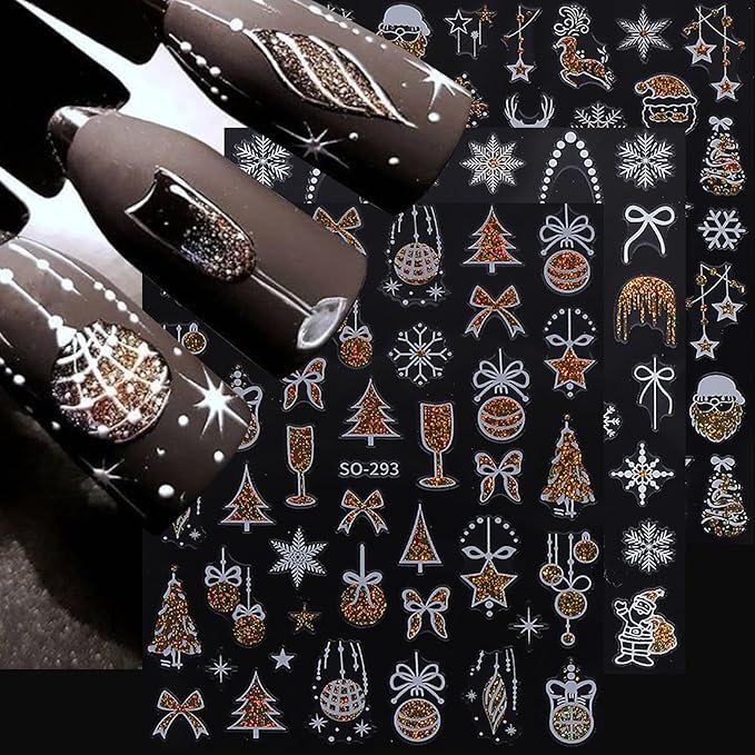 Christmas Holiday Nail Art Stickers 16PCS 3D Santa Claus Deer Decals for Nail Art Seasonal Fingernail Designs White Snowflake Gingerbread Man Self-Adhesive Manicure Decorations Accessories for Women