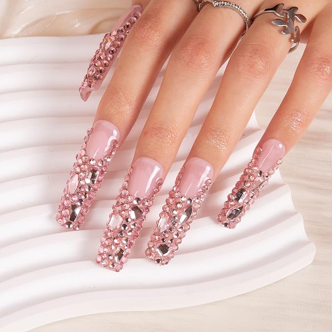 LOVFUL Press on Nails Pink French Tip Rhinestone| Handmade with Full Covered Crystals| Reusable Fake Nails| Square Mid length 1.7in| H27-M