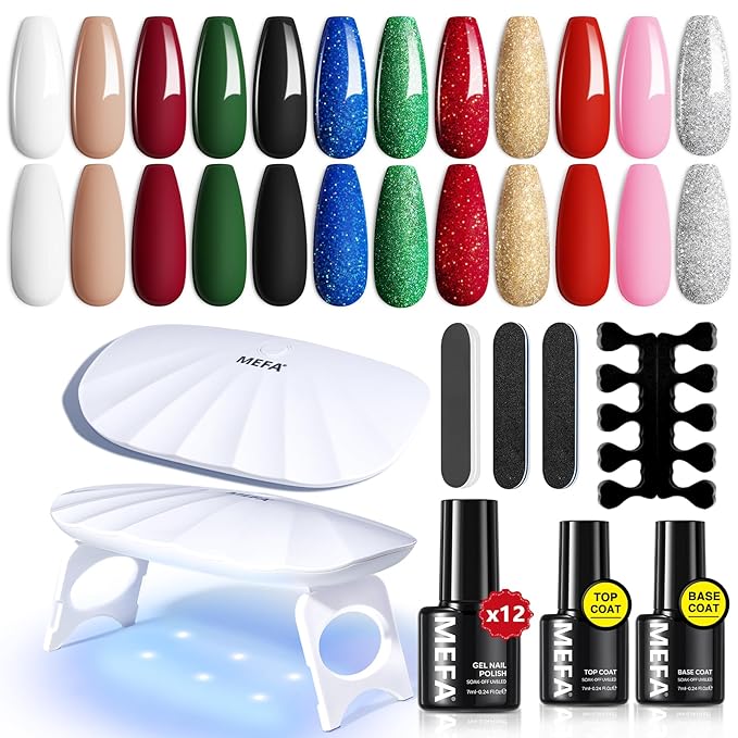 MEFA 19 Pcs Gel Nail Polish Kit with U V Light, 12 Red Christmas Colors Burgundy Red Dark Green Glitter Gel Polish Winter Silver Gold Sparkle Valentine's Day Manicure DIY Salon Decorations Gifts