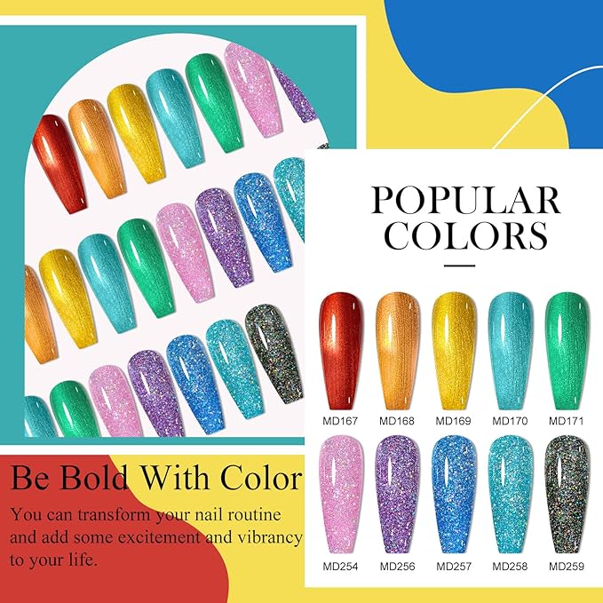 12Pcs Metallic Gel Nail Polish + Reflective Glitter Gel Polish Red Orange Pink Blue Green Neon Nail Polish Gel for Home Salon DIY Manicure Gift