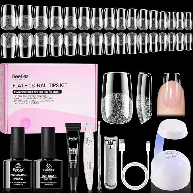 Beetles Gel Nail Kit Flat-X, Square Short, 320pcs 16 Sizes Nail tips, with 15g Nail Glue Gel Hands-Free, 7.5ml Base Gel & Top Coat, Mini Lamp, for Acrylic Press On Nail, Extension DIY Set at Home