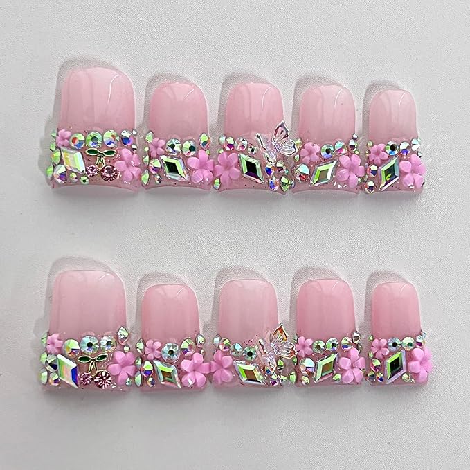 French Tip Press on Nails Handmade Short Duck 3D Floral Thick Acrylic Nails Cute False Nails with Rhinestones Flower Butterfly Designs Pink Glossy Fake Nail Sturdy Art Spring Press on Nail 10Pcs(S)