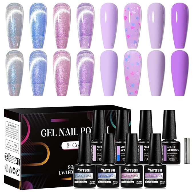 MEET ACROSS 8pcs Gel Nail Polish Set, Soak off UV LED Lamp Gel Nail Polish Cat Eye Set Home Gel Manicure Kit 7ml (Cat Eye + color Gel-5)