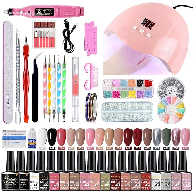 Misscheering Professional Nail Art Kit with UV LED Lamp, Electric Nail Drill, 18 Gel Polish Colors, Manicure Tools, Rhinestones for Home Salon (35-piece nail art set)