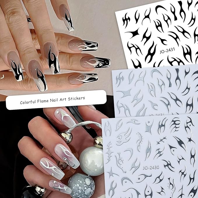 Irregular Geometric Line Nail Art Sticker Flame Pattern Nail Decals Holographic Gold Silver Black White Red Blue Nail Art Sticker Decals 3D Self-Adhesive Nail Sticker Design for Women DIY Manicure