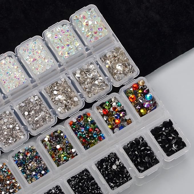10000 Pieces Rhinestones 6 Sizes Round Crystal Glass Flat Back Rhinestones with 1Tweezers and 1Picking Pen for Nail Art Crafts Clothes Bags DIY (4 Colors)