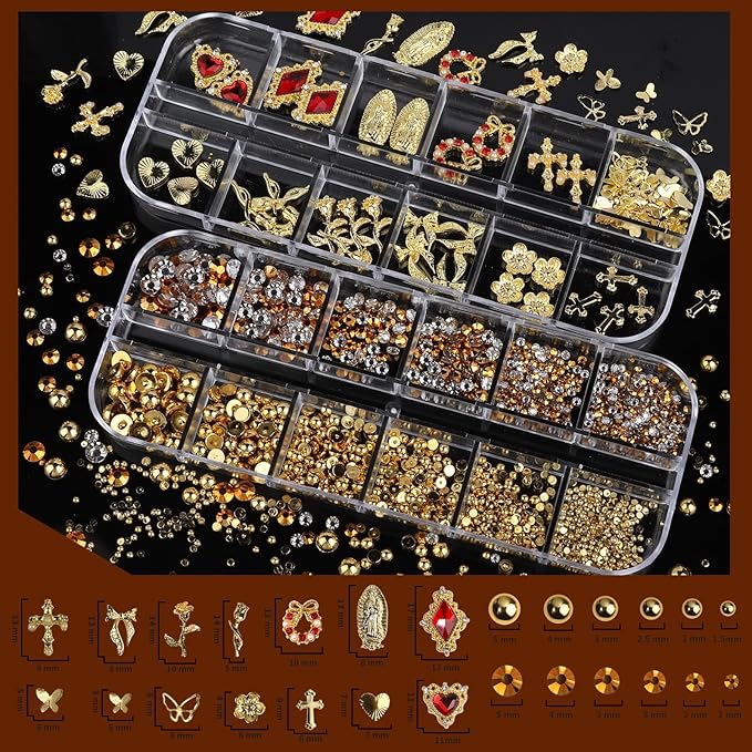 Teenitor Gold Nail Charms and Gems Set, 4 Boxes Nail Gems Nail Pearls Nail Art Tools, 3D Cross Nail Charms Heart Nail Rhinestones for Nails Supplies, Charms for Nails Design Nail Art Kit
