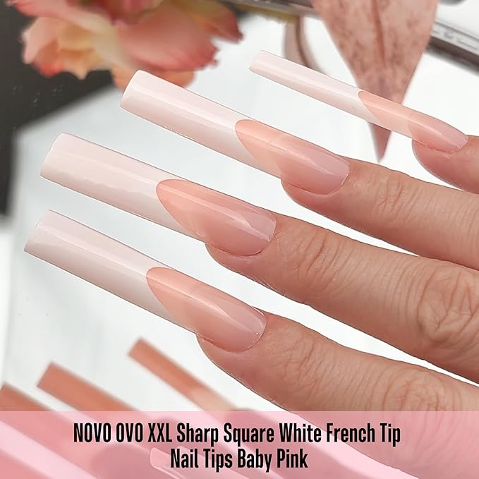 NOVO OVO XXL Sharp Square Nail Tips Pre-Designed White French Tip - 150Pcs Soft Gel Nail Tips Baby Pink Base, Full Cover False Nails 15 Sizes for DIY Acrylic Extension & Salon Supply (No C Curve Fit)