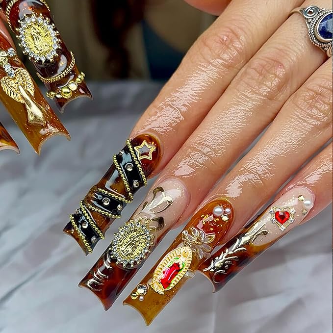 80Pcs Gold Virgin Mary Nail Charms Set with Crowns, Crosses, Hearts, Angel Wings, Stars,four types of Roses, for Women Girls Nail Decorations DIY Craft