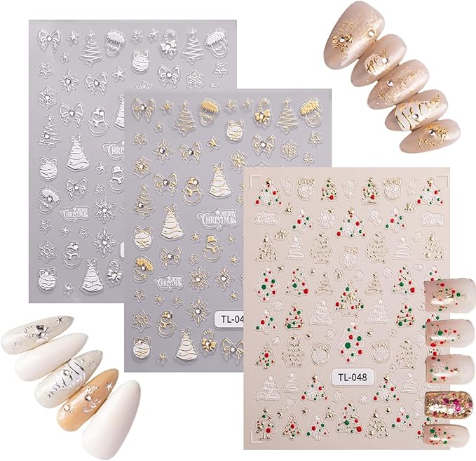 3 Sheets Christmas Tree Nail Art Stickers 5D Self-Adhesive Embossed Cartoon Santa Claus Snowflake Designs Xmas Decals Winter Christmas Tie-Bow Ball Nail Stickers Supplies for DIY Manicure Decor