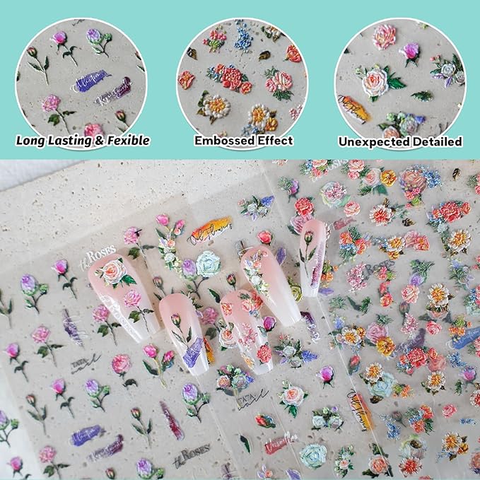 Embossed Flower Nail Art Stickers, Vintage Rose Floral Nail Decals Design, Self-Adhesive, Nail Accessories & Supplies 3 Sheets