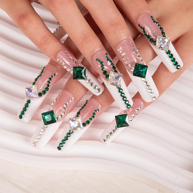 LOVFUL Press on Nails Crystals Magic| Handmade with Full Covered Crystals| Reusable Fake Nails| Square Mid length 1.7in| H43-M