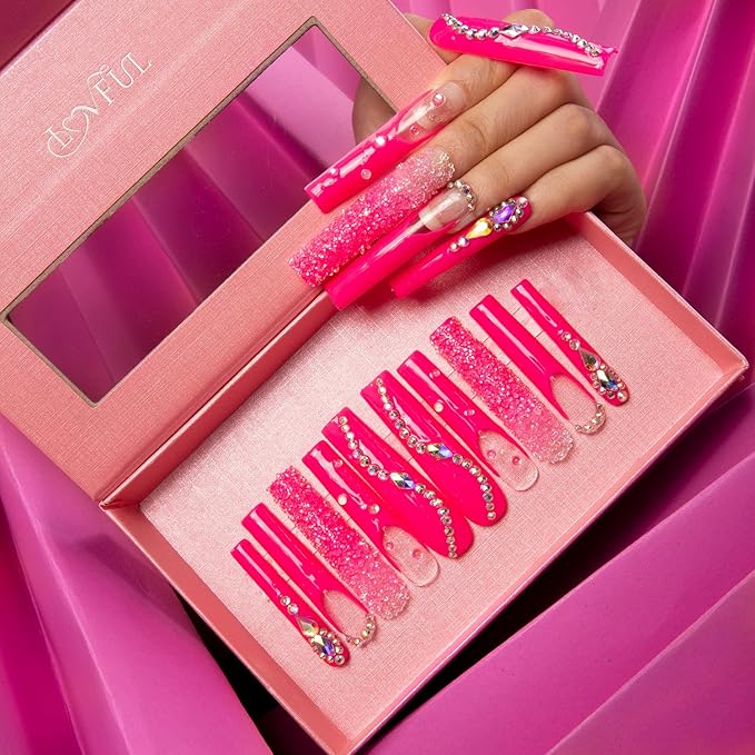 LOVFUL Press on Nails Pink Typhoon Square | Glitter Pink Fake Nails | Princess Nails | Stick on Nails | Square Long 2.2 in | H38(S)