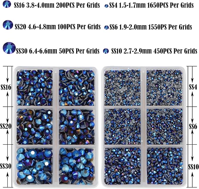 NCB Hotfix Iron on 8000pcs Crystal Rhinestones Round Gem for Crafts Decoration DIY Jewelry Making with a Tweezers and 2 Picking pens (Black AB, 6Sizes SS4-SS30)
