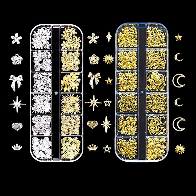 Gold Silver 3D Nail Charms, 2Boxes 24Grids Bow Star Nail Gems Nail Studs,Punk Metal Alloy Rivet Stickers Bowknot Nail Art Decorations Accessories for Nail Art Design DIY Crafts (Gold Silver B)