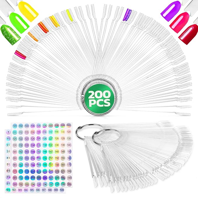 200 Pcs Nail Swatch Sticks – Color Swatches with Numbering Stickers and 4 Metal Rings – Easy to Paint On, Simple to Organize and Store for Professionals, Beginners, and Gel Polishes, Nail Forms